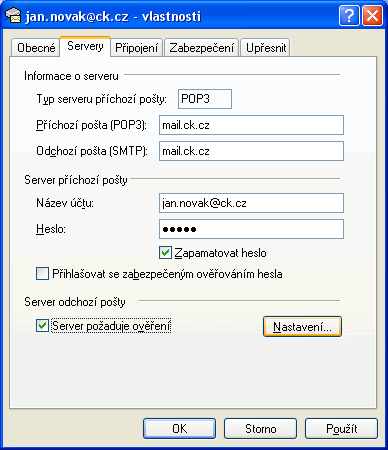 Outlook Express - Vlastnosti - Servery