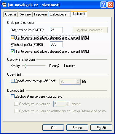Outlook Express - Vlastnosti - Upřesnit